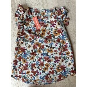 Les Amis Floral Ruffle Cap Sleeve Blouse Top XS Rust Mustard Blue NWT